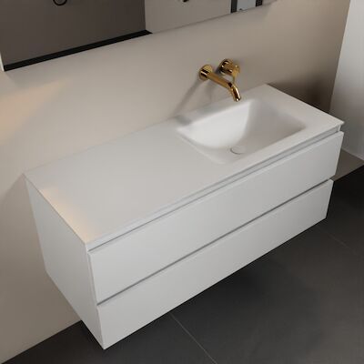 MONDIAZ AIVY 120cm badmeubel Talc, wastafel Talc solid surface rechts zonder kraangat (AI-351641TALC-NO – AI-M120TARE)
