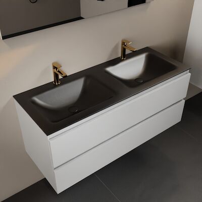 MONDIAZ AIVY 120cm badmeubel Talc, wastafel Urban solid surface dubbel 2 kraangaten met spiegel (AI-351651URBAN-SI – AI-M120TADU – AI-S120X73)