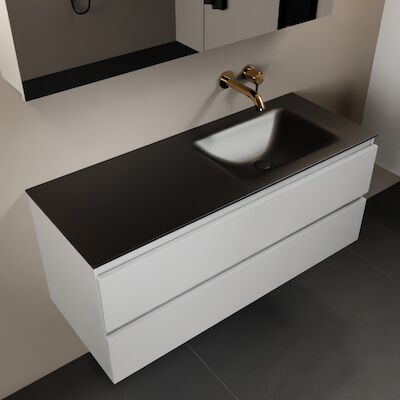 MONDIAZ AIVY 120cm badmeubel Talc, wastafel Urban solid surface rechts zonder kraangat met spiegelkast (AI-351641URBAN-NO – AI-M120TARE – AI-C120TAMI)