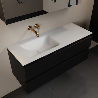 MONDIAZ AIVY 120cm badmeubel Urban, wastafel Talc solid surface links zonder kraangat met spiegelkast (AI-351631TALC-NO – AI-M120URLI – AI-C120URMI)