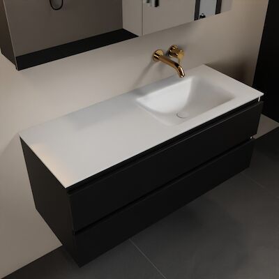 MONDIAZ AIVY 120cm badmeubel Urban, wastafel Talc solid surface rechts zonder kraangat met spiegelkast (AI-351641TALC-NO – AI-M120URRE – AI-C120URMI)