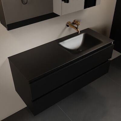 MONDIAZ AIVY 120cm badmeubel Urban, wastafel Urban solid surface rechts zonder kraangat met spiegelkast (AI-351641URBAN-NO – AI-M120URRE – AI-C120URMI)