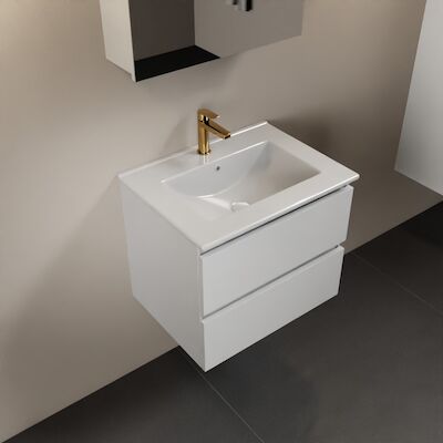 MONDIAZ AIVY 60cm badmeubel Talc, wastafel glanzend wit keramiek midden 1 kraangat met spiegelkast (M60100 – AI-M60TAMI – AI-C60TAMI)
