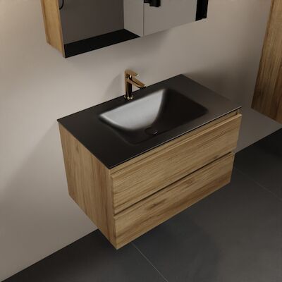 MONDIAZ AIVY 80cm badmeubel Chai, wastafel Urban solid surface midden 1 kraangat met spiegelkast (AI-351171URBAN-SI – AI-M80CHMI – AI-C80CHMI)