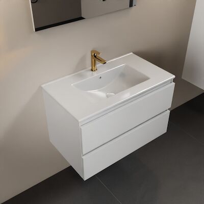 MONDIAZ AIVY 80cm badmeubel Talc, wastafel glanzend wit keramiek midden 1 kraangat met spiegel (M60101 – AI-M80TAMI – AI-S80X70)