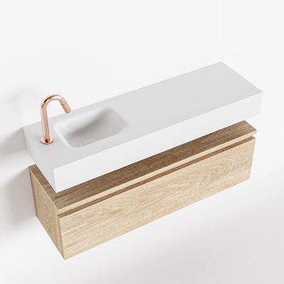MONDIAZ ANDOR 100cm toiletmeubel washed oak. LEX 100cm wastafel talc links 1 kraangat