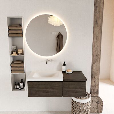 MONDIAZ BUKLA 100cm badmeubel met module 40 kleur Dark Brown met 2 lades. Wastafel CLOUD links 0 kraangaten kleur Talc.