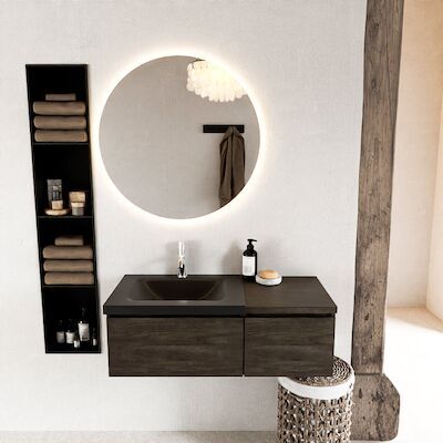 MONDIAZ BUKLA 100cm badmeubel met module 40 kleur Dark Brown met 2 lades. Wastafel CLOUD links 1 kraangat kleur Urban.