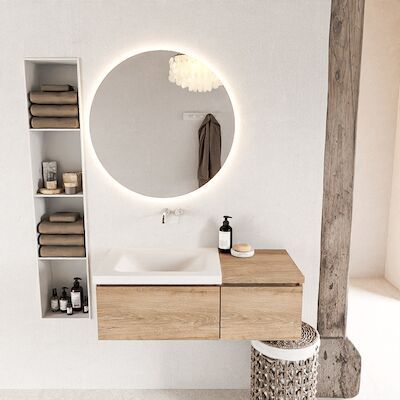 MONDIAZ BUKLA 100cm badmeubel met module 40 kleur Washed Oak met 2 lades. Wastafel CLOUD links 0 kraangaten kleur Talc.