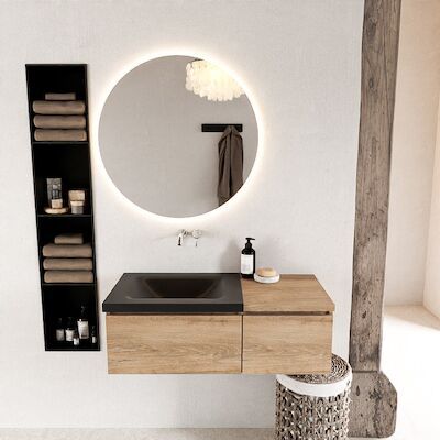 MONDIAZ BUKLA 100cm badmeubel met module 40 kleur Washed Oak met 2 lades. Wastafel CLOUD links 0 kraangaten kleur Urban.