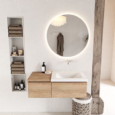 MONDIAZ BUKLA 100cm badmeubel met module 40 kleur Washed Oak met 2 lades. Wastafel CLOUD rechts 0 kraangaten kleur Talc.