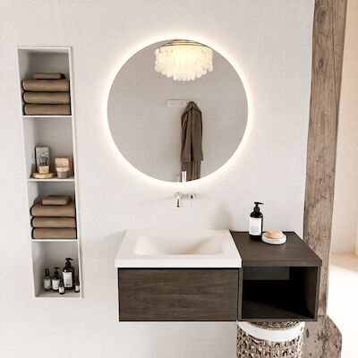 MONDIAZ BUKLA 100cm badmeubel met open module 40 kleur Dark Brown met 1 lade. Wastafel CLOUD links 0 kraangaten kleur Talc.