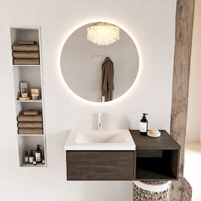 MONDIAZ BUKLA 100cm badmeubel met open module 40 kleur Dark Brown met 1 lade. Wastafel CLOUD links 1 kraangat kleur Talc.