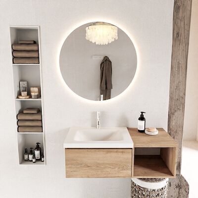 MONDIAZ BUKLA 100cm badmeubel met open module 40 kleur Washed Oak met 1 lade. Wastafel CLOUD links 1 kraangat kleur Talc.