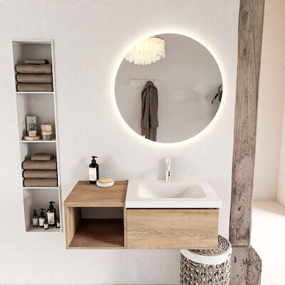 MONDIAZ BUKLA 100cm badmeubel met open module 40 kleur Washed Oak met 1 lade. Wastafel CLOUD rechts 1 kraangat kleur Talc.
