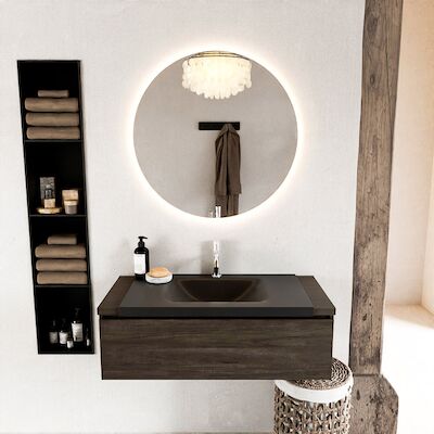 MONDIAZ BUKLA 100cm badmeubel onderkast kleur Dark Brown met 1 lade. Wastafel CLOUD midden 1 kraangat kleur Urban.