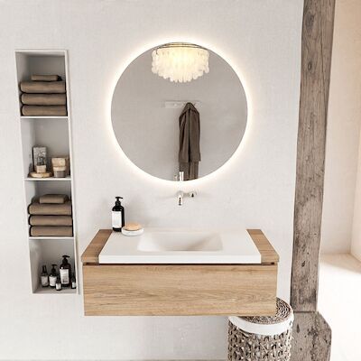MONDIAZ BUKLA 100cm badmeubel onderkast kleur Washed Oak met 1 lade. Wastafel CLOUD midden 0 kraangaten kleur Talc.