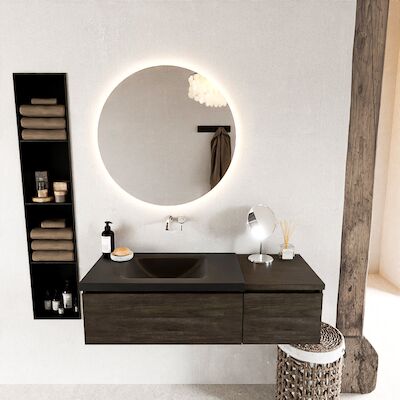 MONDIAZ BUKLA 120cm badmeubel met module 40 kleur Dark Brown met 2 lades. Wastafel CLOUD links 0 kraangaten kleur Urban.