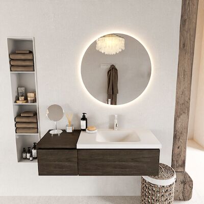 MONDIAZ BUKLA 120cm badmeubel met module 40 kleur Dark Brown met 2 lades. Wastafel CLOUD rechts 1 kraangat kleur Talc.