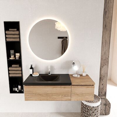 MONDIAZ BUKLA 120cm badmeubel met module 40 kleur Washed Oak met 2 lades. Wastafel CLOUD links 1 kraangat kleur Urban.