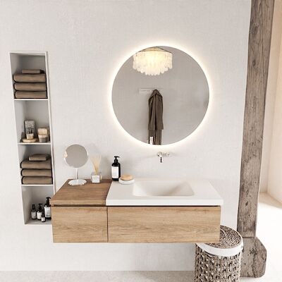 MONDIAZ BUKLA 120cm badmeubel met module 40 kleur Washed Oak met 2 lades. Wastafel CLOUD rechts 0 kraangaten kleur Talc.