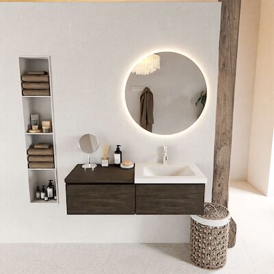 MONDIAZ BUKLA 120cm badmeubel met module 60 kleur Dark Brown met 2 lades. Wastafel CLOUD rechts 1 kraangat kleur Talc.