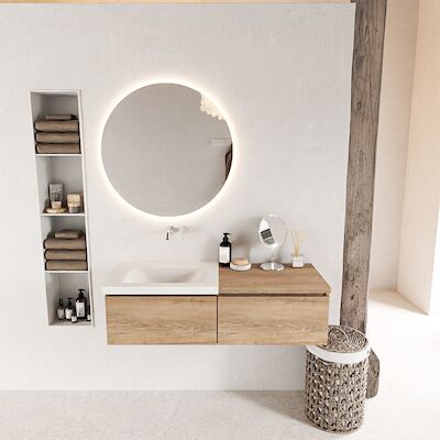 MONDIAZ BUKLA 120cm badmeubel met module 60 kleur Washed Oak met 2 lades. Wastafel CLOUD links 0 kraangaten kleur Talc.