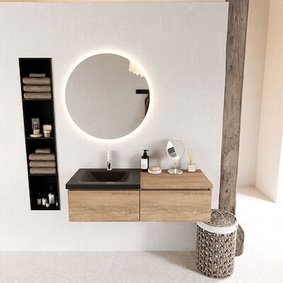 MONDIAZ BUKLA 120cm badmeubel met module 60 kleur Washed Oak met 2 lades. Wastafel CLOUD links 1 kraangat kleur Urban.