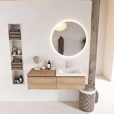 MONDIAZ BUKLA 120cm badmeubel met module 60 kleur Washed Oak met 2 lades. Wastafel CLOUD rechts 1 kraangat kleur Talc.