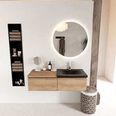 MONDIAZ BUKLA 120cm badmeubel met module 60 kleur Washed Oak met 2 lades. Wastafel CLOUD rechts 1 kraangat kleur Urban.