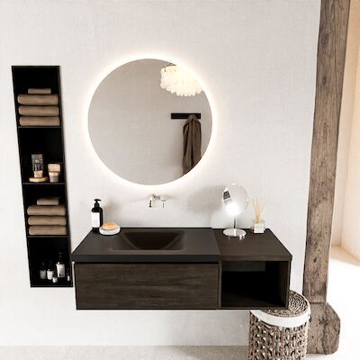 MONDIAZ BUKLA 120cm badmeubel met open module 40 kleur Dark Brown met 1 lade. Wastafel CLOUD links 0 kraangaten kleur Urban.