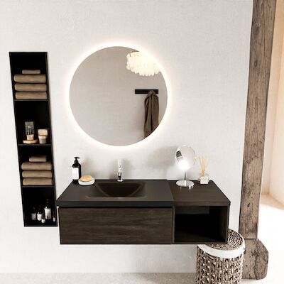 MONDIAZ BUKLA 120cm badmeubel met open module 40 kleur Dark Brown met 1 lade. Wastafel CLOUD links 1 kraangat kleur Urban.