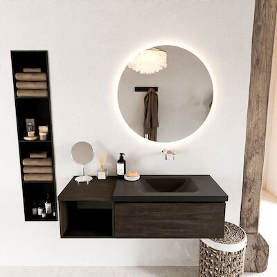 MONDIAZ BUKLA 120cm badmeubel met open module 40 kleur Dark Brown met 1 lade. Wastafel CLOUD rechts 0 kraangaten kleur Urban.