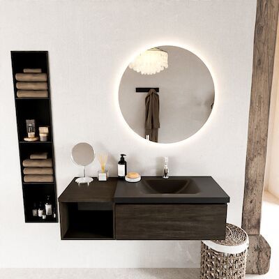 MONDIAZ BUKLA 120cm badmeubel met open module 40 kleur Dark Brown met 1 lade. Wastafel CLOUD rechts 1 kraangat kleur Urban.