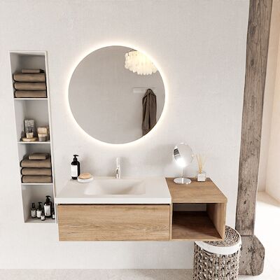 MONDIAZ BUKLA 120cm badmeubel met open module 40 kleur Washed Oak met 1 lade. Wastafel CLOUD links 1 kraangat kleur Talc.