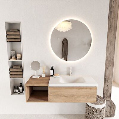 MONDIAZ BUKLA 120cm badmeubel met open module 40 kleur Washed Oak met 1 lade. Wastafel CLOUD rechts 1 kraangat kleur Talc.