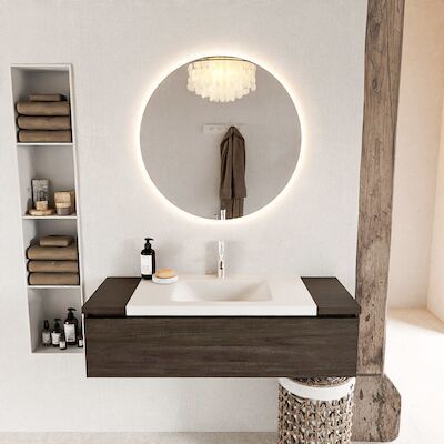 MONDIAZ BUKLA 120cm badmeubel onderkast kleur Dark Brown met 1 lade. Wastafel CLOUD midden 1 kraangat kleur Talc.