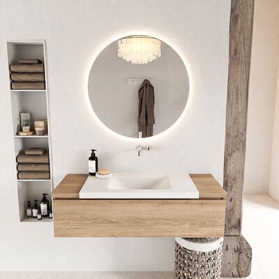 MONDIAZ BUKLA 120cm badmeubel onderkast kleur Washed Oak met 1 lade. Wastafel CLOUD midden 0 kraangaten kleur Talc.