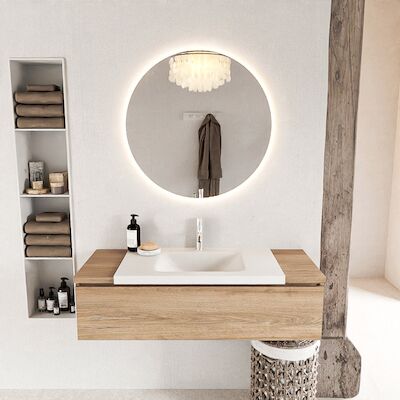 MONDIAZ BUKLA 120cm badmeubel onderkast kleur Washed Oak met 1 lade. Wastafel CLOUD midden 1 kraangat kleur Talc.
