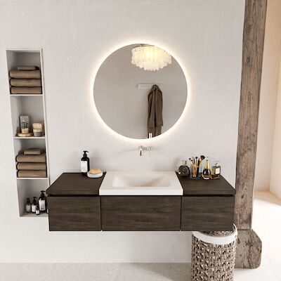 MONDIAZ BUKLA 140cm badmeubel met module 40 kleur Dark Brown met 3 lades. Wastafel CLOUD midden 0 kraangaten kleur Talc.