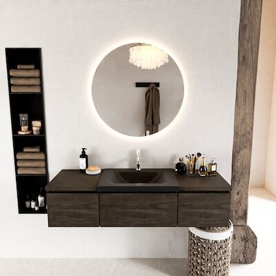 MONDIAZ BUKLA 140cm badmeubel met module 40 kleur Dark Brown met 3 lades. Wastafel CLOUD midden 1 kraangat kleur Urban.