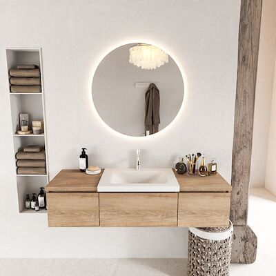 MONDIAZ BUKLA 140cm badmeubel met module 40 kleur Washed Oak met 3 lades. Wastafel CLOUD midden 1 kraangat kleur Talc.