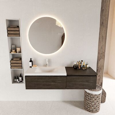 MONDIAZ BUKLA 140cm badmeubel met module 60 kleur Dark Brown met 2 lades. Wastafel CLOUD links 1 kraangat kleur Talc.