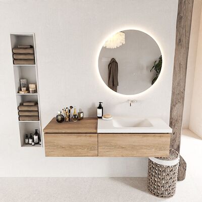 MONDIAZ BUKLA 140cm badmeubel met module 60 kleur Washed Oak met 2 lades. Wastafel CLOUD rechts 0 kraangaten kleur Talc.