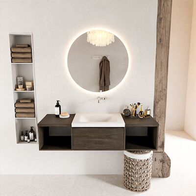 MONDIAZ BUKLA 140cm badmeubel met open module 40 L+R kleur Dark Brown met 2 lades. Wastafel CLOUD midden 0 kraangaten kleur Talc.