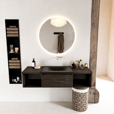 MONDIAZ BUKLA 140cm badmeubel met open module 40 L+R kleur Dark Brown met 2 lades. Wastafel CLOUD midden 0 kraangaten kleur Urban.