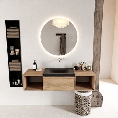 MONDIAZ BUKLA 140cm badmeubel met open module 40 L+R kleur Washed Oak met 2 lades. Wastafel CLOUD midden 0 kraangaten kleur Urban.