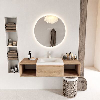 MONDIAZ BUKLA 140cm badmeubel met open module 40 L+R kleur Washed Oak met 2 lades. Wastafel CLOUD midden 1 kraangat kleur Talc.