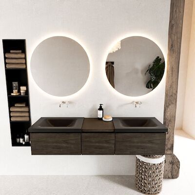 MONDIAZ BUKLA 160cm badmeubel met module 40 kleur Dark Brown met 3 lades. Wastafel CLOUD dubbel 0 kraangaten kleur Urban.