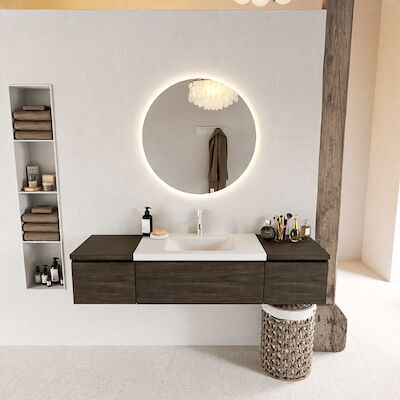 MONDIAZ BUKLA 160cm badmeubel met module 40 kleur Dark Brown met 3 lades. Wastafel CLOUD midden 1 kraangat kleur Talc.